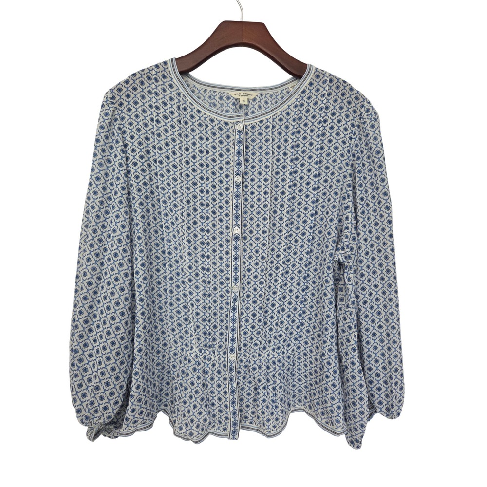 Max Studio Blouse Boho Peplum Women XL Blue White NWOT $138 5707Y35